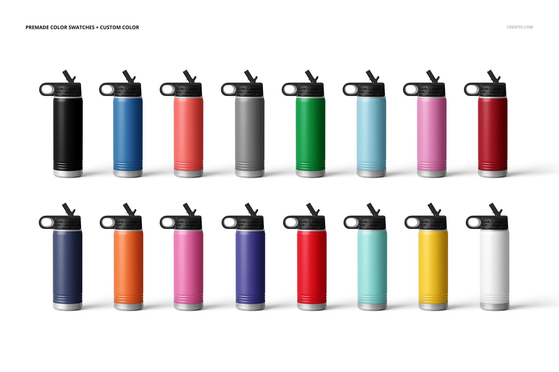Set of powder coated 20 oz. water bottles mockup, featuring diverse colors and a flip-top lid, displayed in neat rows.