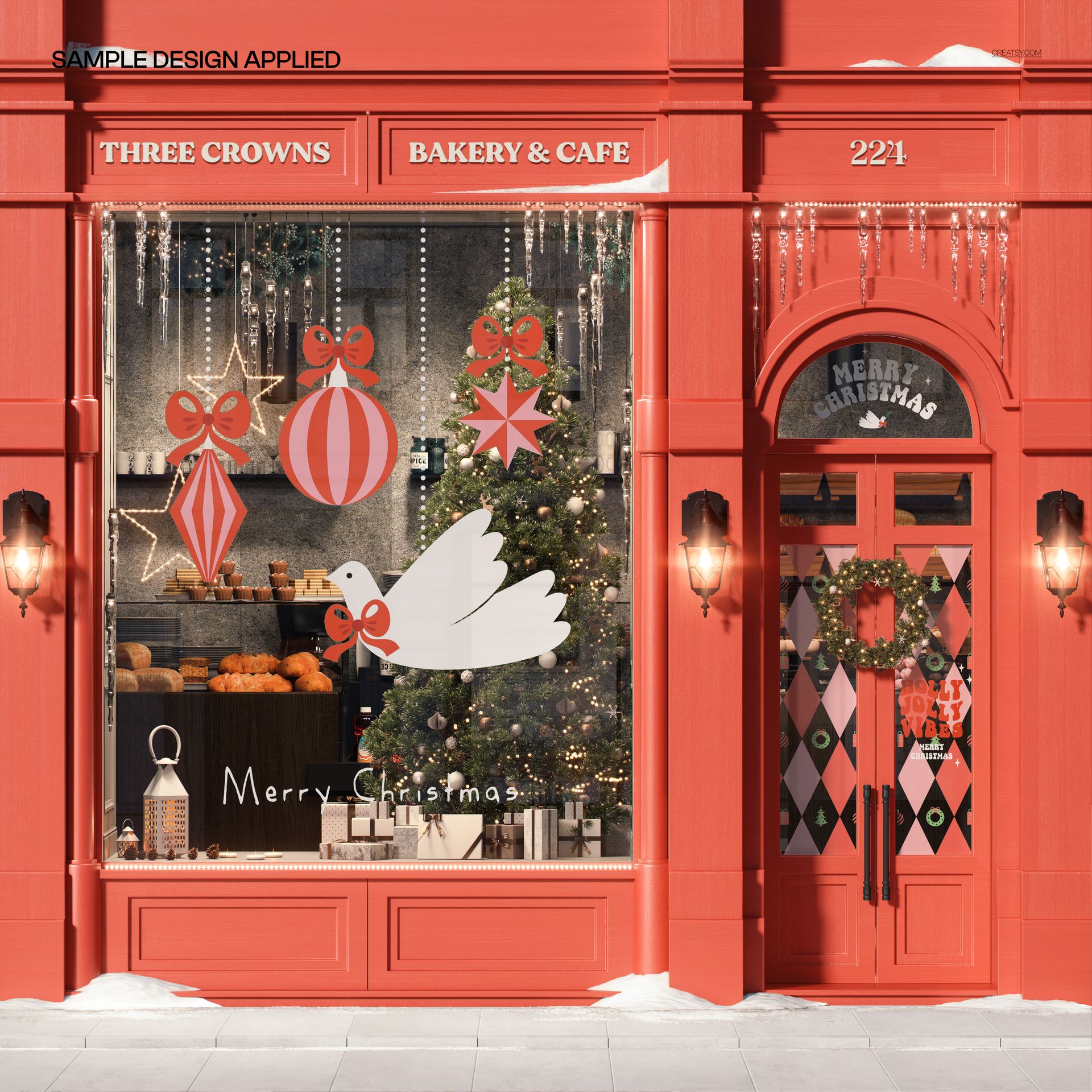 Front view of a festive bakery storefront mockup with red facade, Christmas tree, hanging ornaments, and holiday decorations.