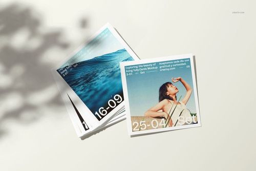 4x4 square photo prints mockup set displayed from a top view, showing vibrant images and shadow details on the side.