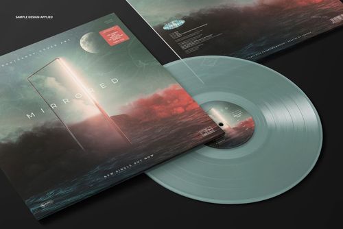 Translucent colored vinyl record with a light teal hue displayed next to a matching album cover in a front view mockup.