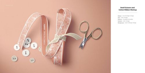 Cotton ribbon with a bow, small scissors, and white buttons arranged on a peach surface, fabric mockup scene.