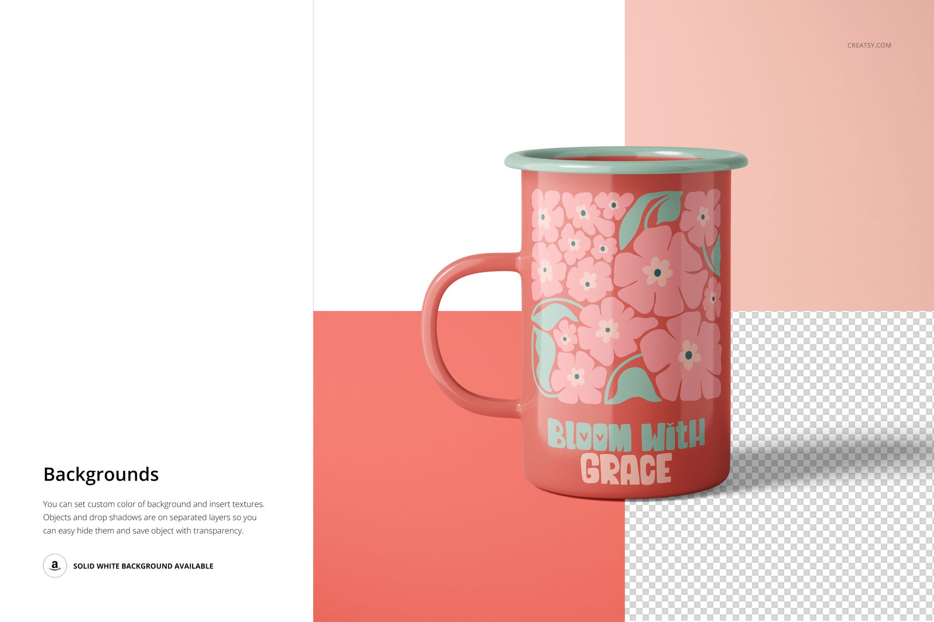 450ml enamel mug mockup featuring a pink flower design and turquoise text, displayed on a geometric pastel backdrop.