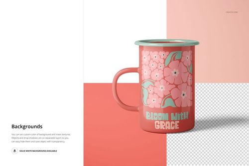 450ml enamel mug mockup featuring a pink flower design and turquoise text, displayed on a geometric pastel backdrop.