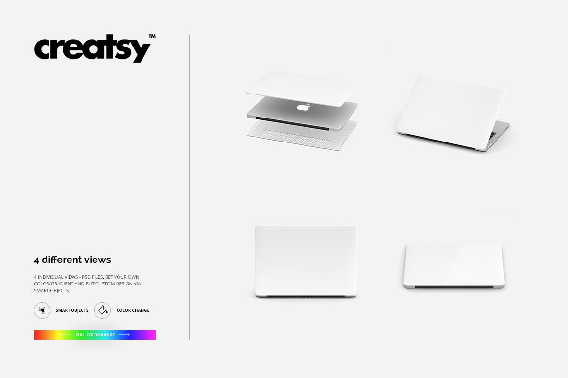 Macbook case mockup set showing four different views of a white laptop case on a neutral background.