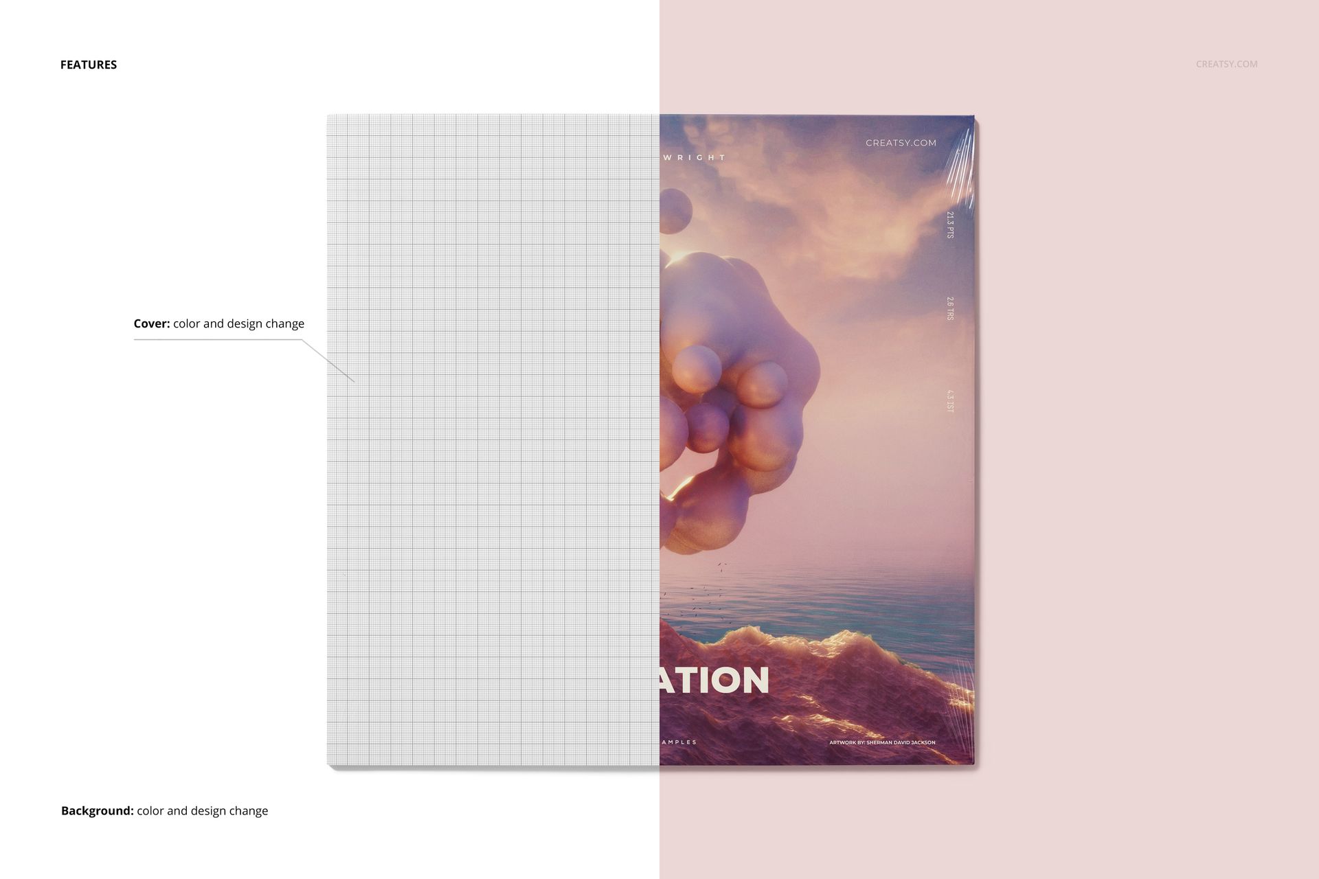 Vinyl record album cover mockup with half displaying a grid template and half showing a surreal cloud artwork, front view.