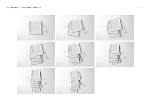 White textile mockup featuring several folded fabric pieces and scissors, arranged on a plain light background.