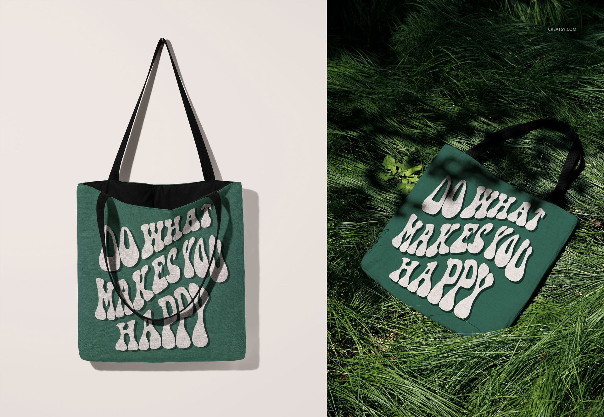 Woven tote bag mockup showing a green bag with black straps, one hanging indoors and one resting on tall grass outdoors.