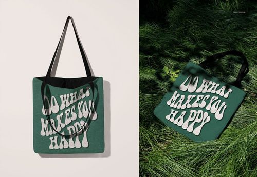 Woven tote bag mockup showing a green bag with black straps, one hanging indoors and one resting on tall grass outdoors.