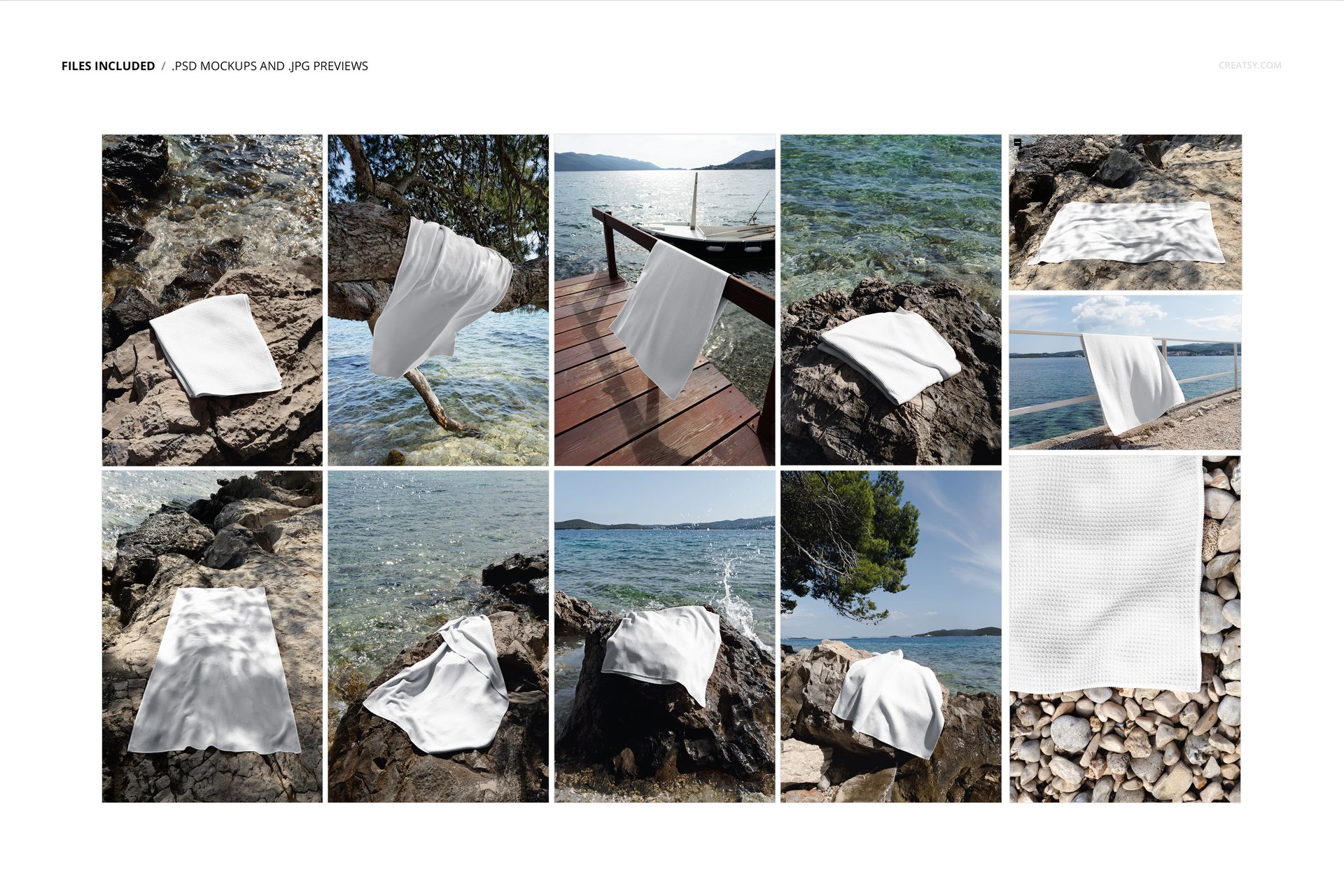 Waffle beach towel mockup displayed in various outdoor settings along a rocky Croatian coastline, showing different angles and textures.