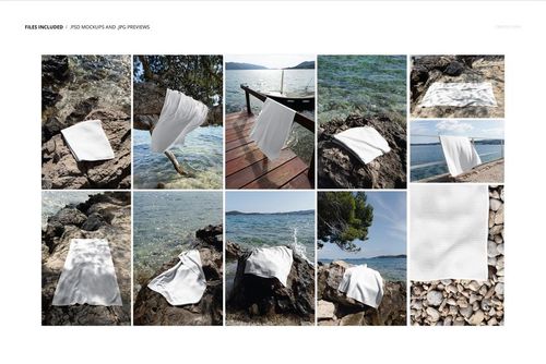 Waffle beach towel mockup displayed in various outdoor settings along a rocky Croatian coastline, showing different angles and textures.