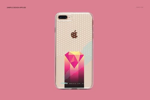 Clear iPhone 8 Plus case mockup with geometric pink and yellow design, shown from the back on a pink background.