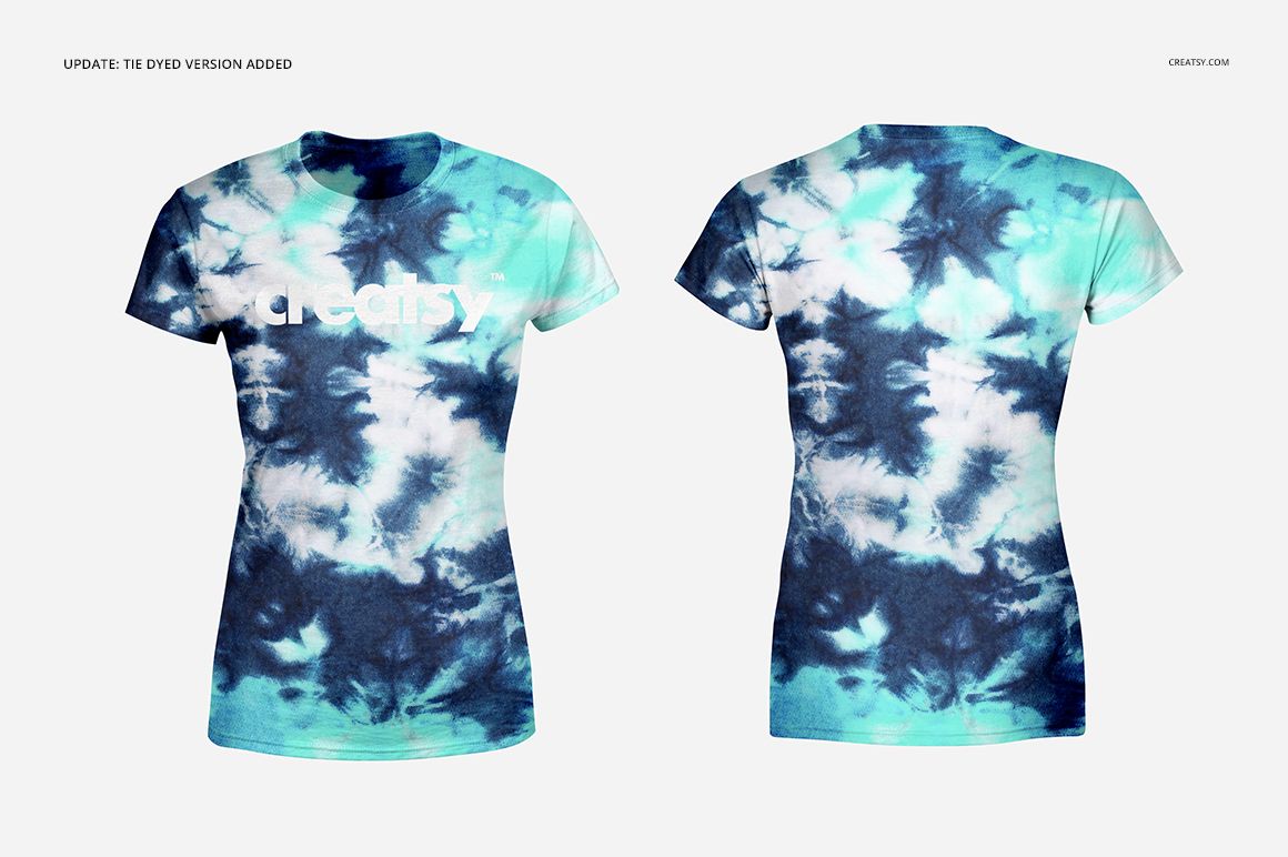 Front and back view of a women's t-shirt mockup with blue and white tie-dye pattern on a plain background.