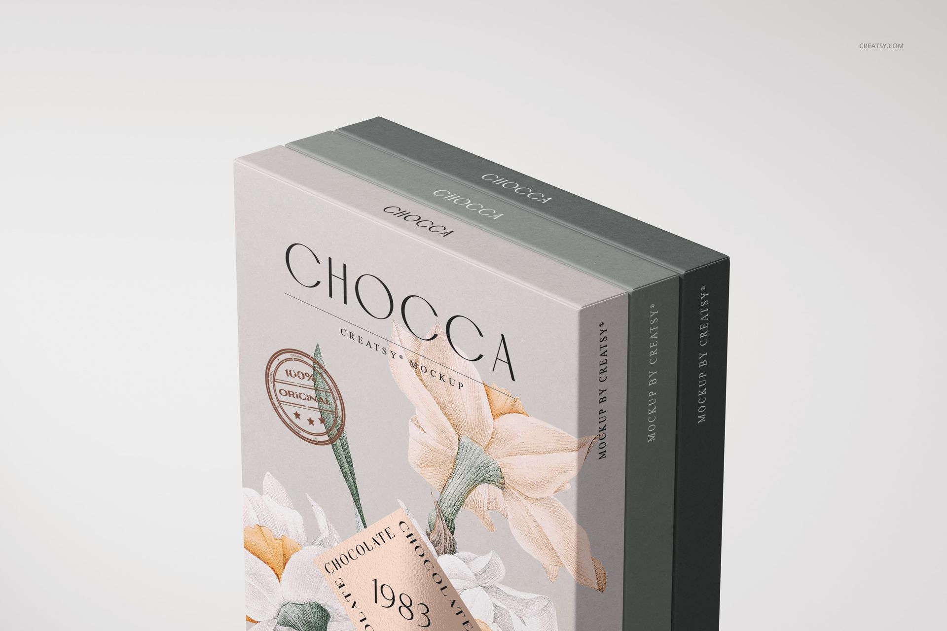 Stacked chocolate bar packaging mockups in beige, gray, and dark green, featuring minimalist floral designs.