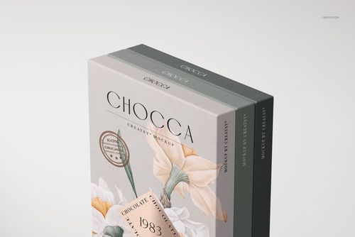 Stacked chocolate bar packaging mockups in beige, gray, and dark green, featuring minimalist floral designs.
