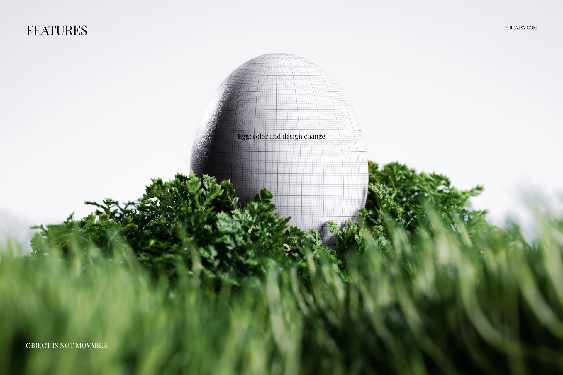 Upright Easter egg mockup nestled in lush green moss, with a grid pattern on the shell and a soft white background.