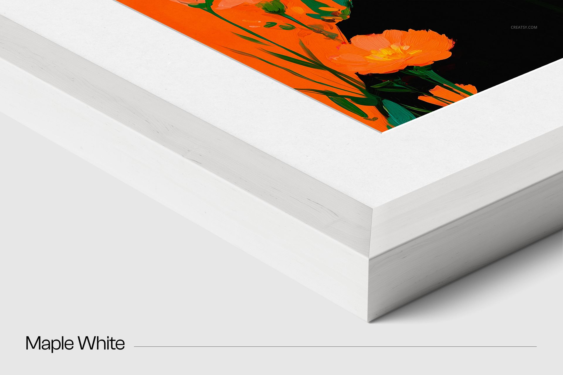 Detailed corner close-up of a maple white wooden frame mockup with orange flowers on a black background artwork.