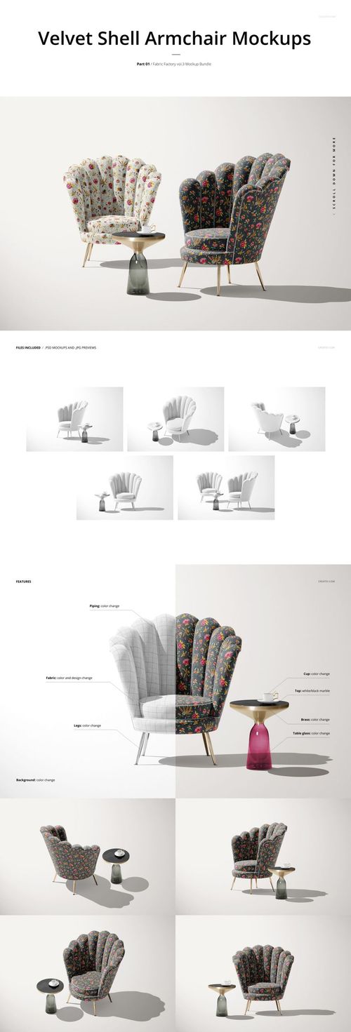 PSD mockup displaying upholstered armchairs in contrasting patterns, arranged beside a round accent table.