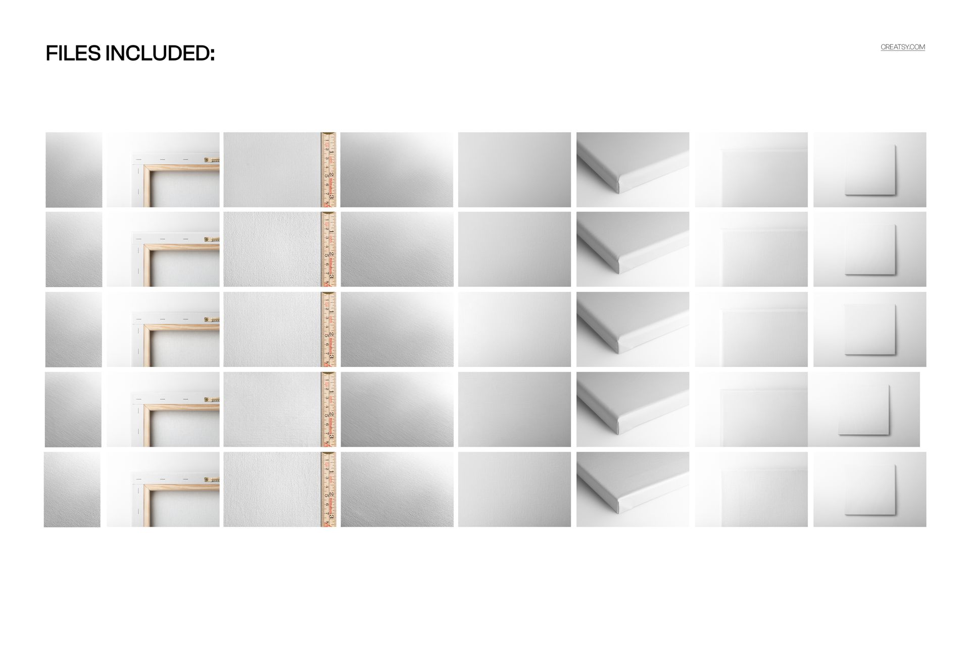 Canvas print mockup bundle showing close-up views of five textured surfaces and gallery wrap edges in a grid layout.