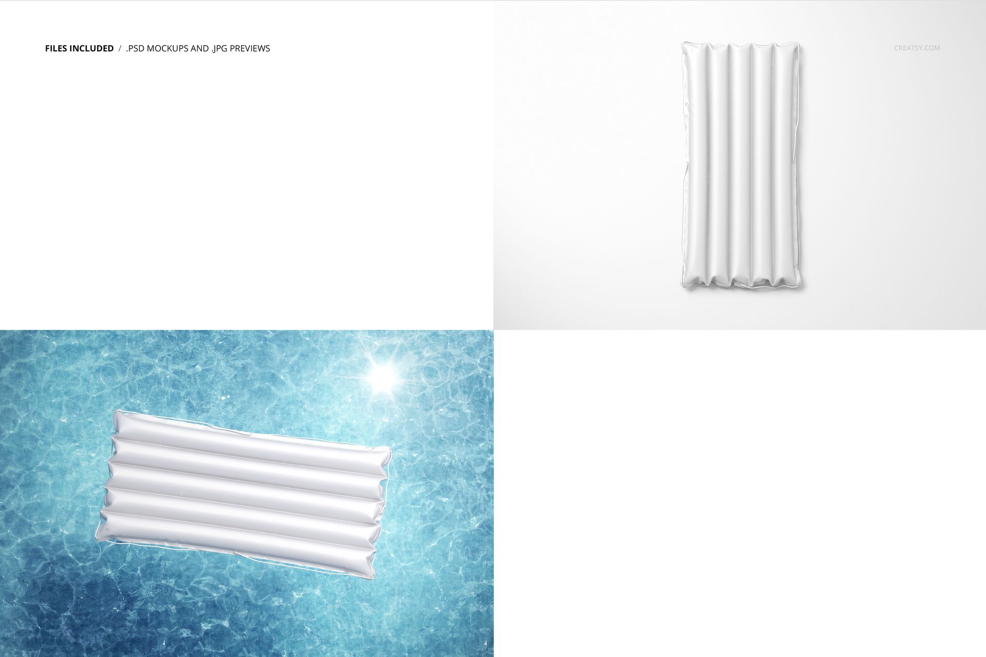 White inflatable pool float raft mockup shown from top view on plain background and in a swimming pool setting.