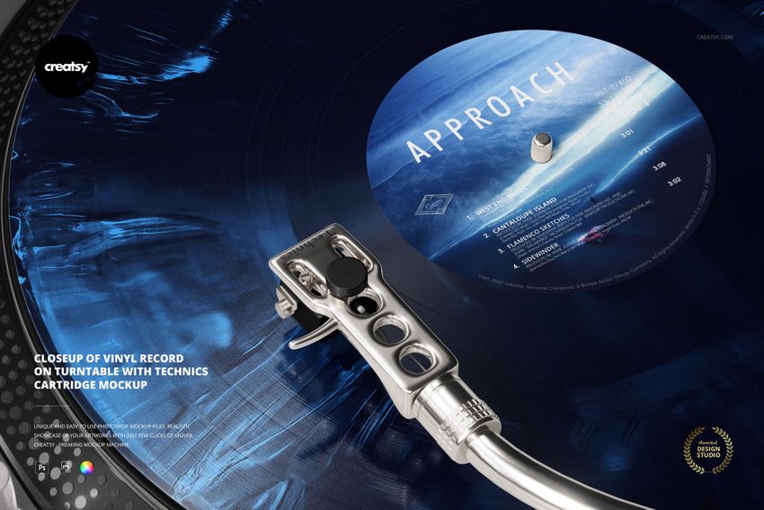 Mockup of a vinyl record on a turntable with a metallic Technics cartridge, viewed from an angled perspective.
