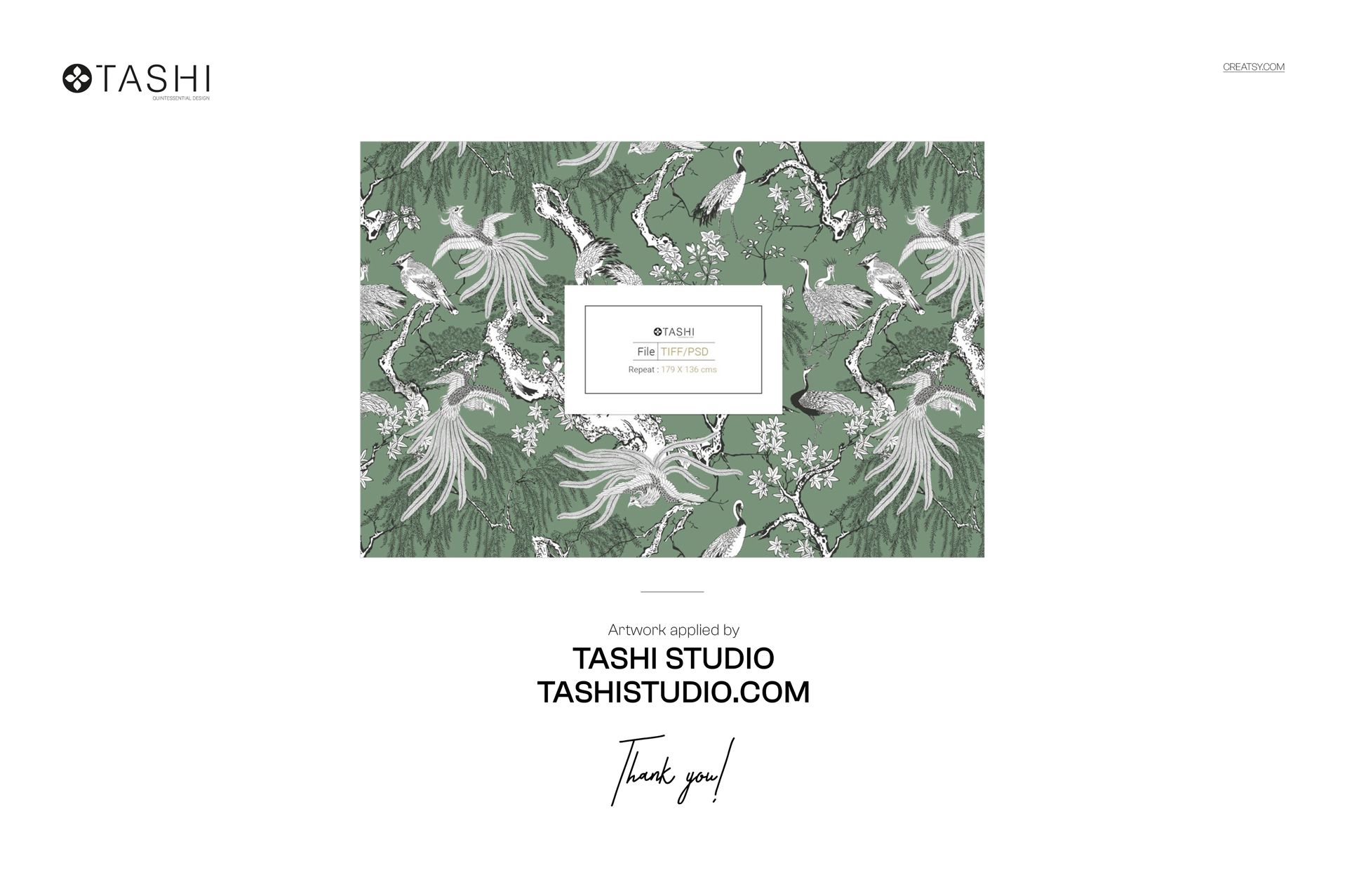 Green bedding mockup with white and gray tropical bird and foliage pattern, shown from a front perspective in a minimalist bedroom.