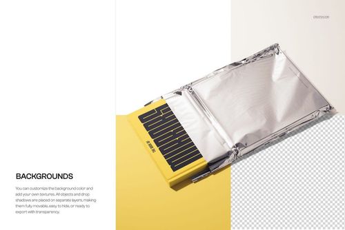 Hardcover book with a bold yellow cover partially sliding out of a crinkled metallic foil pouch, front view mockup.