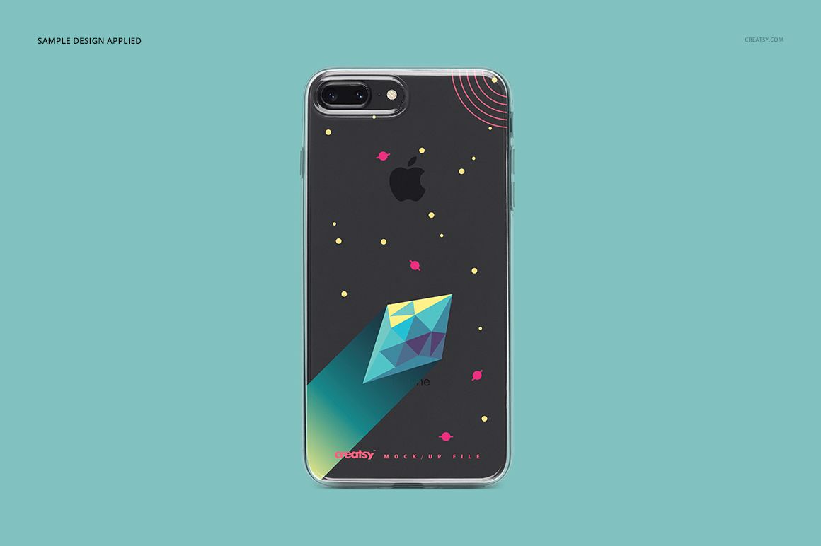 iPhone 8 Plus clear case mockup featuring a colorful geometric artwork, displayed on a solid teal backdrop.