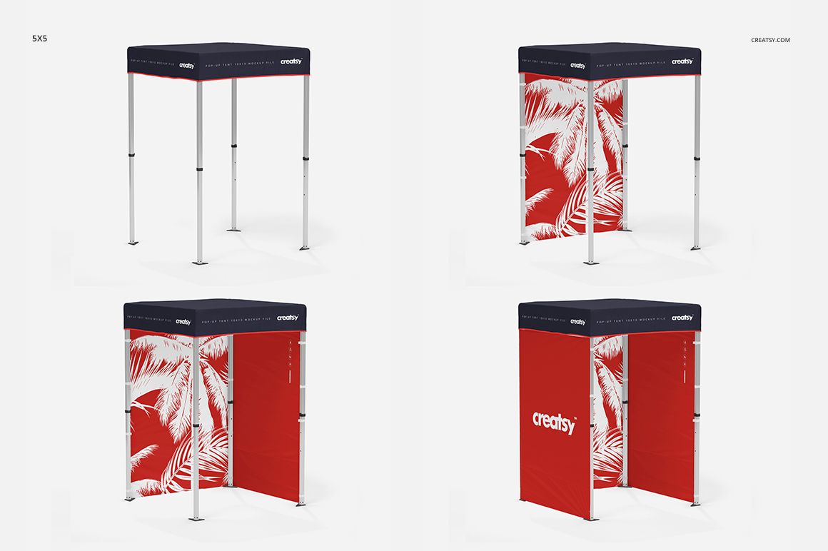 Pop-up tent mockup in multiple sizes, featuring a navy top and red side panels with white palm leaf graphics, front and angled views.