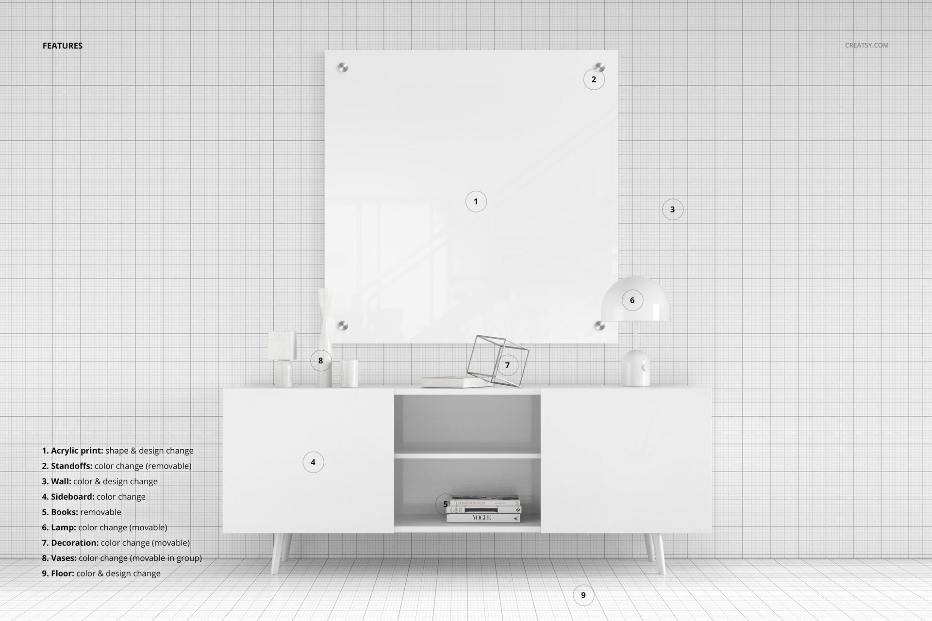 Square acrylic print mockup displayed above a modern white sideboard, set against a grid-patterned wall with minimal decor.