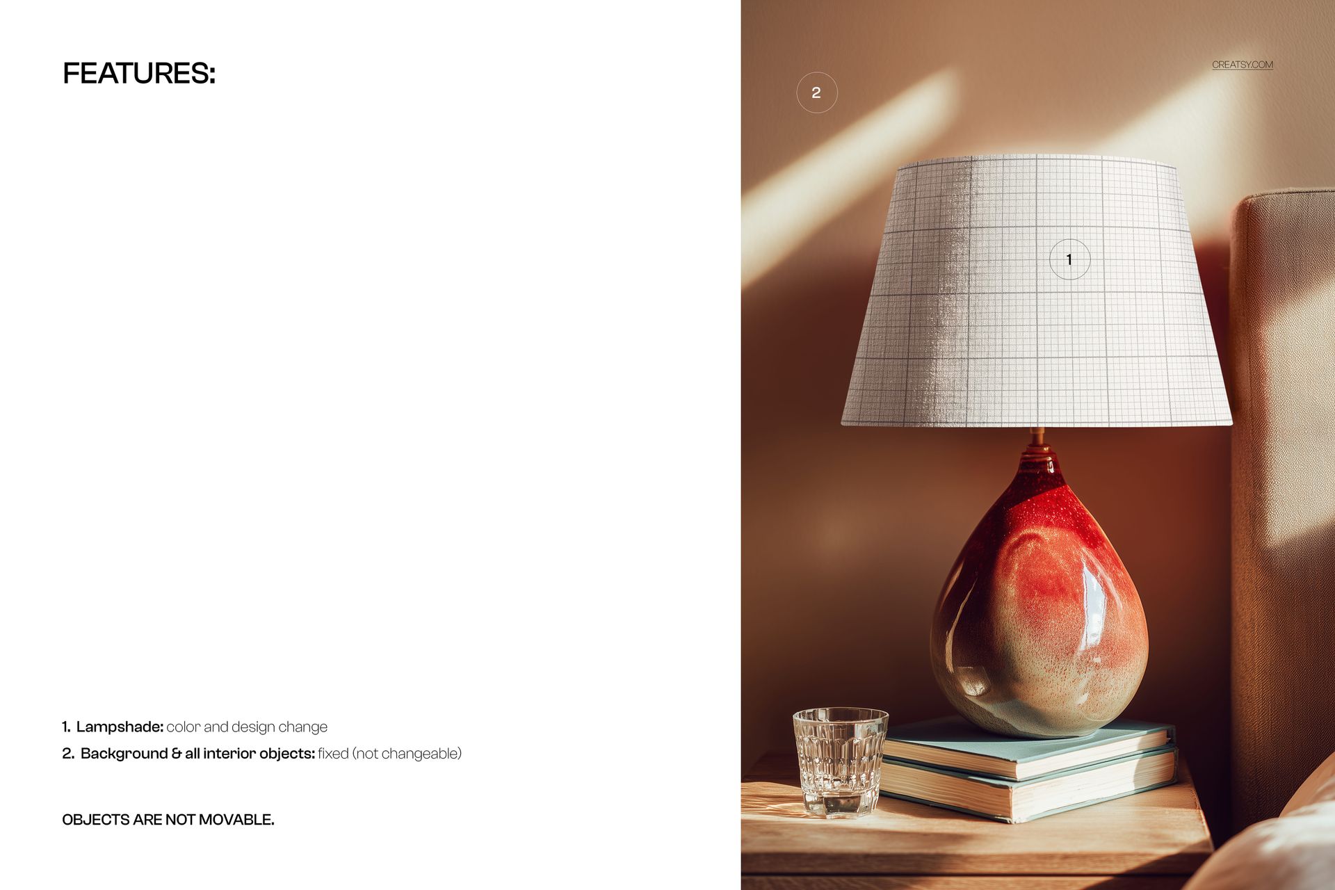 PSD mockup featuring a teardrop-shaped ceramic table lamp with a patterned lampshade, set on a tabletop with props.
