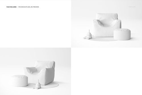 PSD mockup set showing a white bean bag chair, circular ottoman, and stacking rings toy in a bright nursery scene.