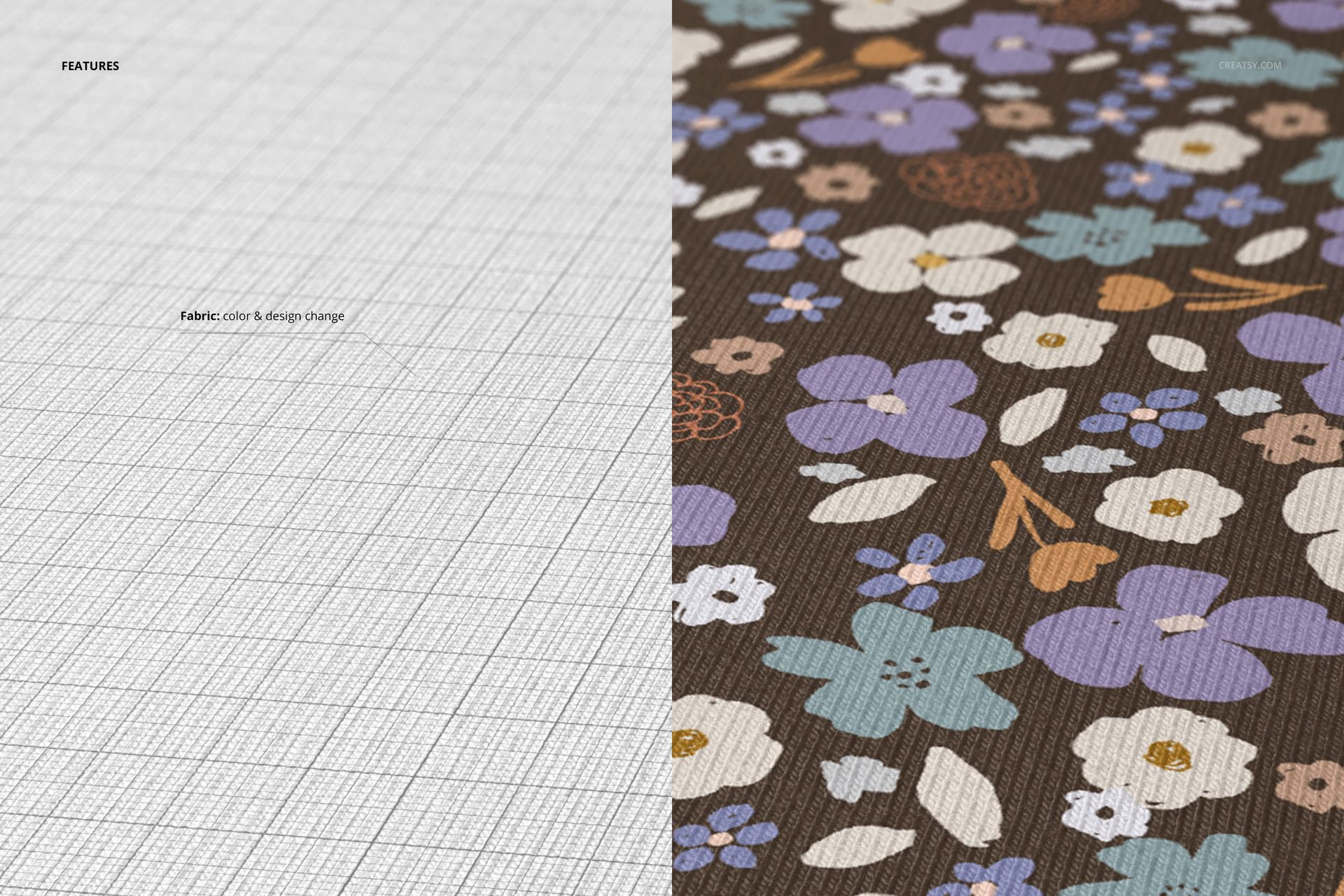 Angled view of jersey fabric mockup showing a split design with a floral pattern on one side and a grid texture on the other.