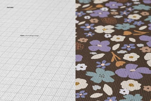 Angled view of jersey fabric mockup showing a split design with a floral pattern on one side and a grid texture on the other.