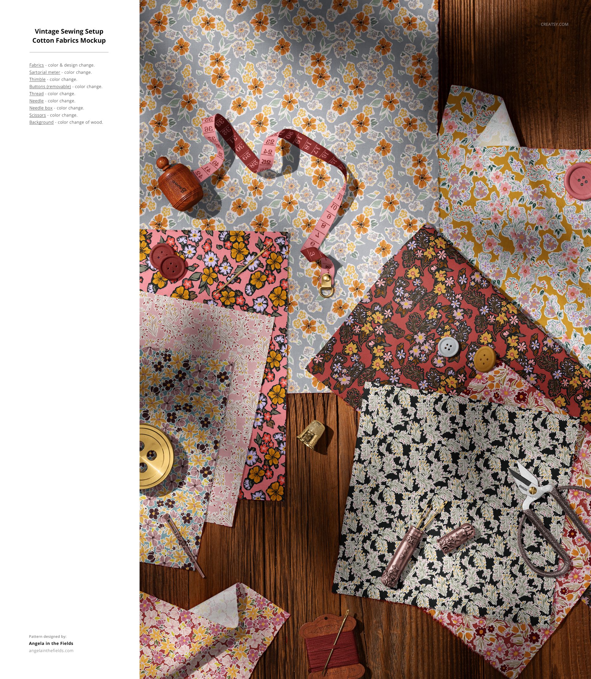 Cotton fabric mockup scene showing patterned textiles, measuring tape, spool, and pins on rustic wood background.