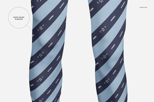 Mockup showing a pair of legs dressed in patterned compression sleeves with blue striped design on a plain white backdrop.