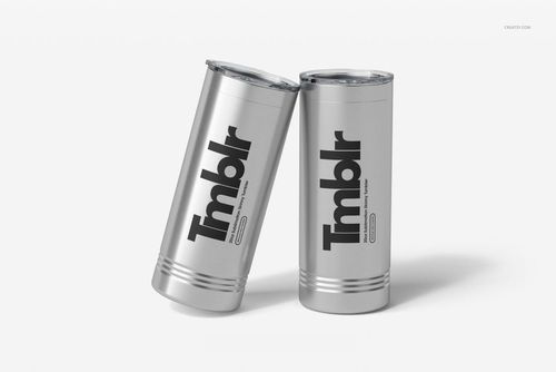 Stainless steel tumblers for engraving, featuring mockup artwork, positioned side by side with clear lids.