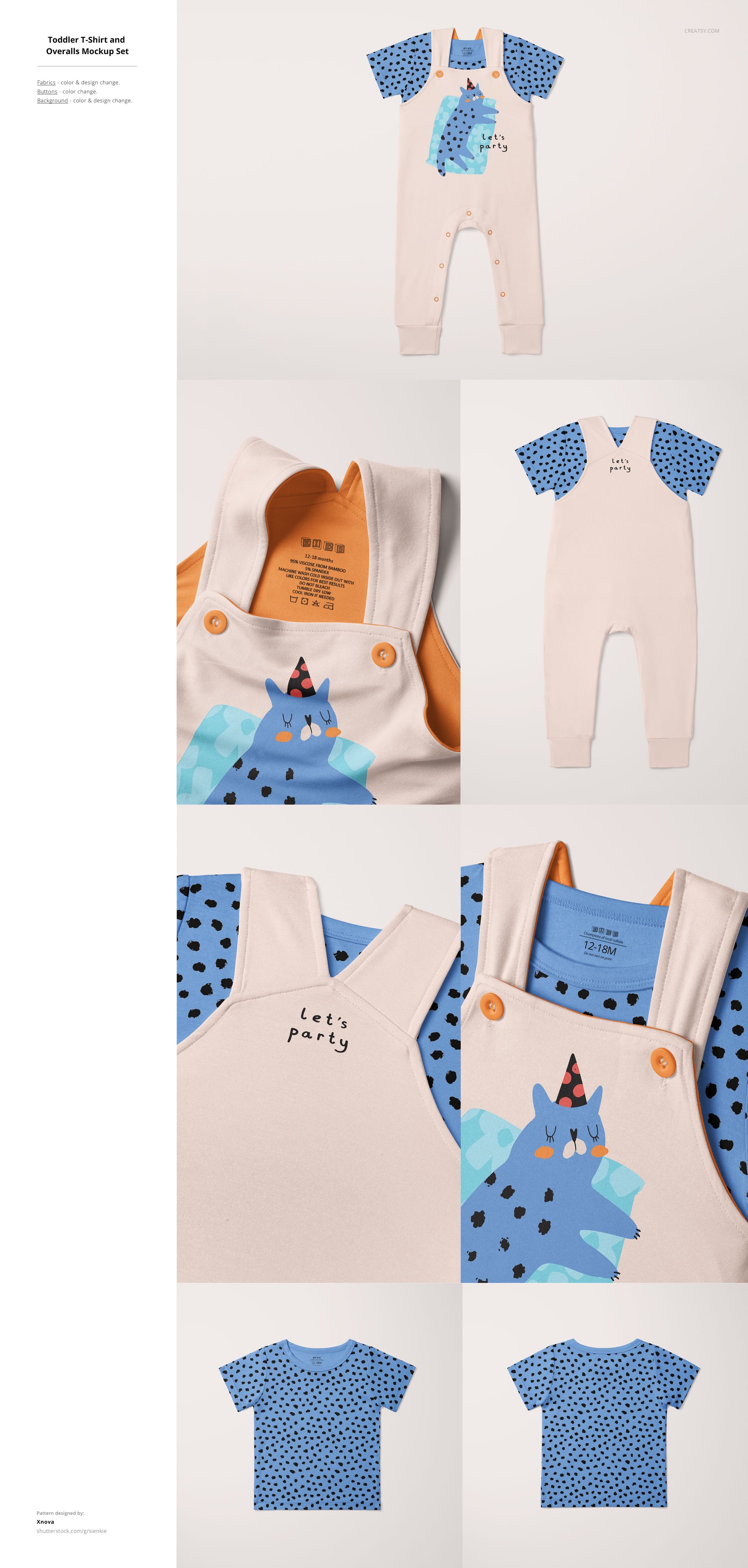Kids short-sleeve bodysuit and t-shirt mockup with blue and black dotted pattern, shown on a light background.