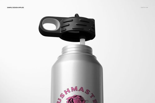 Close-up of a 32 oz. stainless steel water bottle mockup with open black lid and pink artwork on a white background.