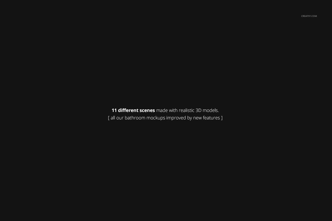 Centered white text on a black background describing 11 different bathroom mockup scenes with realistic 3D models.