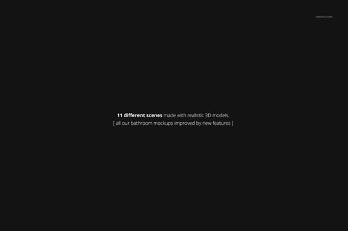 Centered white text on a black background describing 11 different bathroom mockup scenes with realistic 3D models.