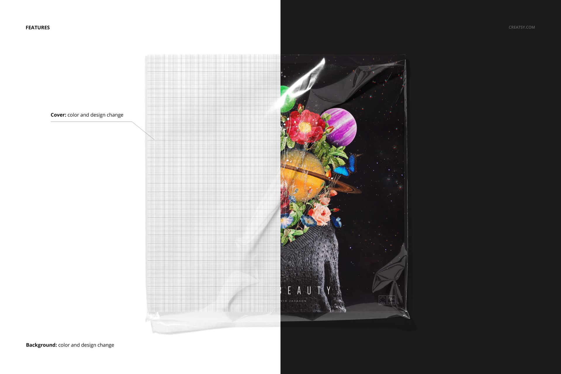 Vinyl record cover mockup in a transparent plastic sleeve, shown from the front with half white and half black background.