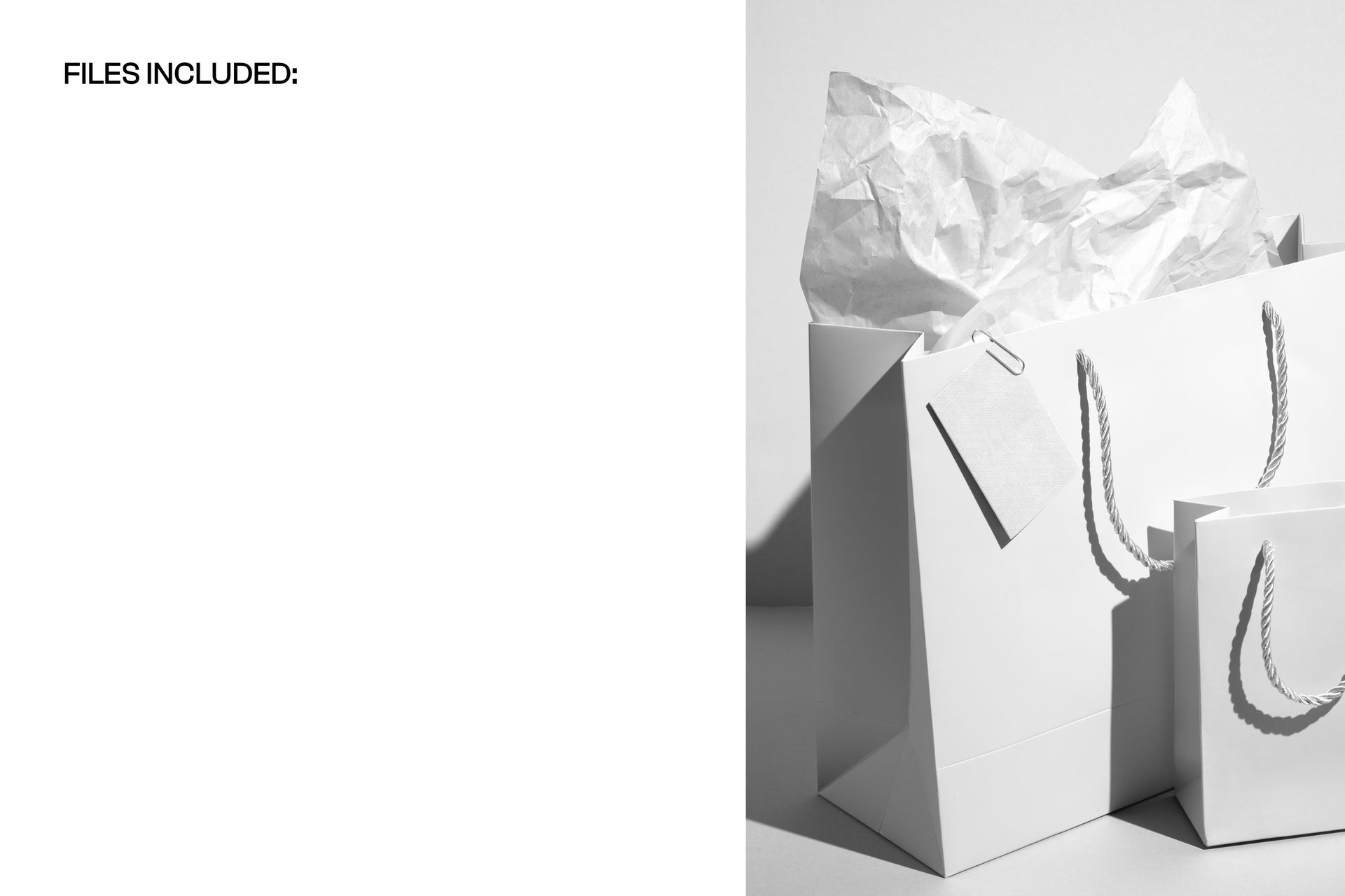 PSD mockup featuring two paper gift bags with twisted handles, tissue paper, and tags, arranged in a well-lit scene.