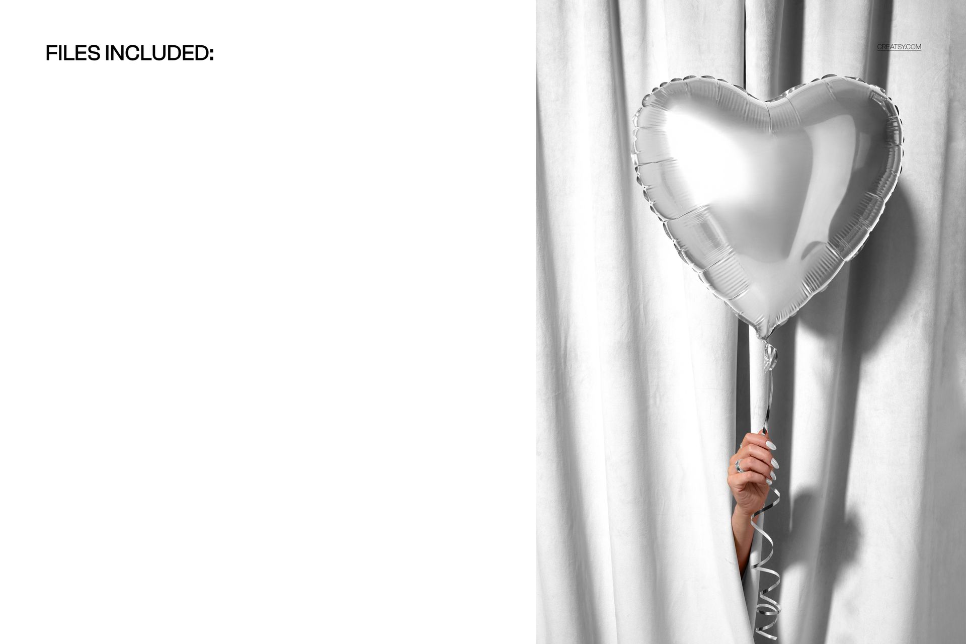 Hand holding a silver heart-shaped balloon in front of white velvet curtains, party supplies PSD mockup scene.