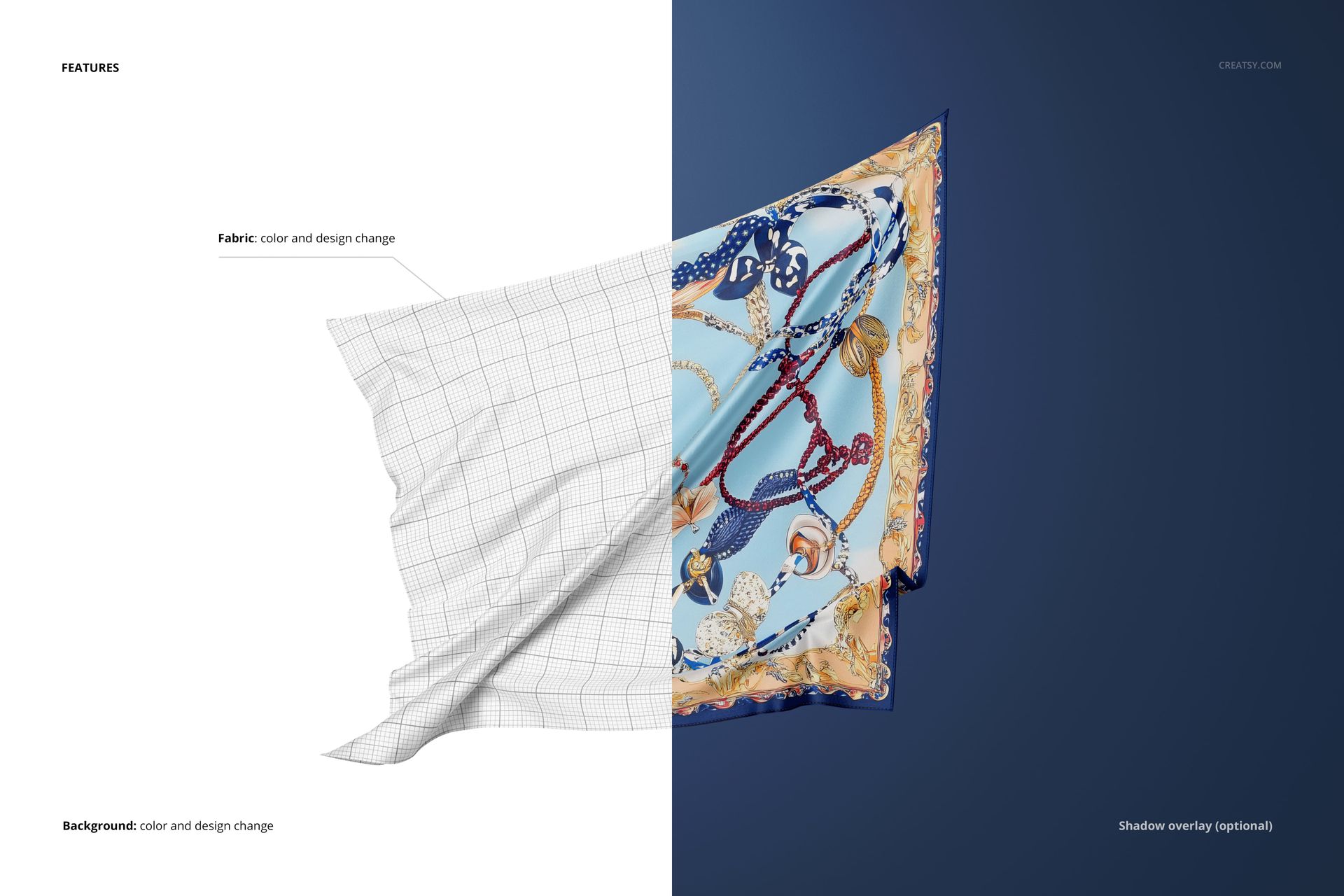 Silk scarf mockup floating against a split white and blue background, showing grid pattern and ornate design.
