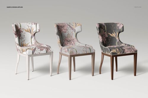 Set of three upholstered dining chairs featuring botanical prints, displayed side by side in a mockup scene.