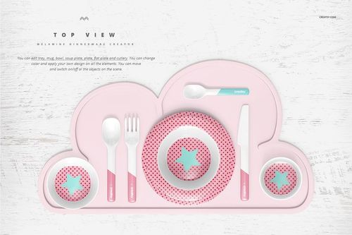 Top view of melamine dinnerware set mockup with plates, bowl, cup, and utensils on a pink cloud-shaped tray.