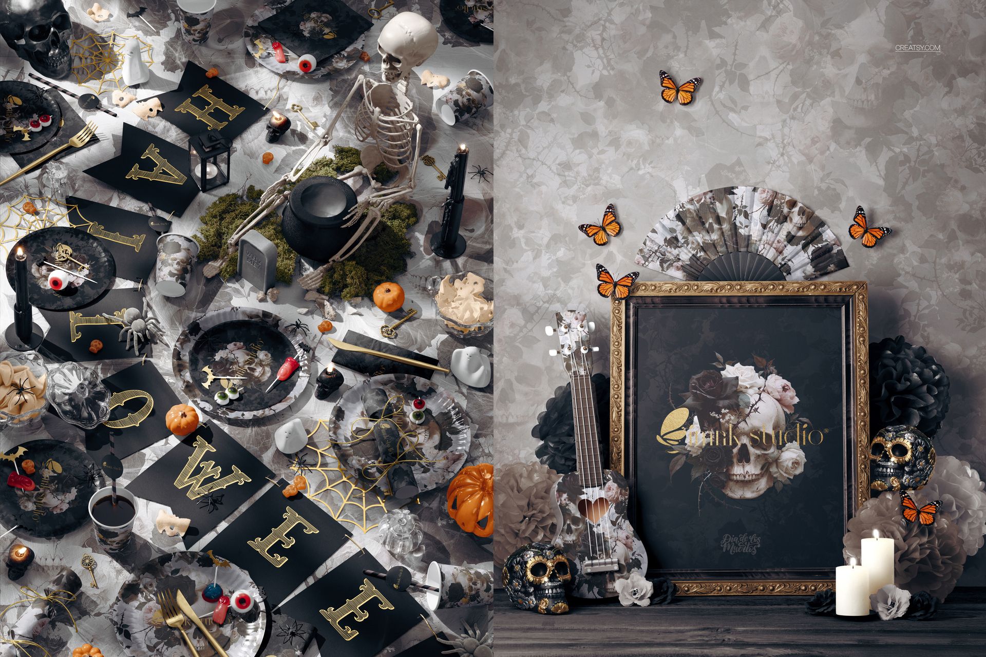 Halloween-themed PSD mockup set featuring dark plates, skulls, pumpkins, and festive decorations in a top view scene.