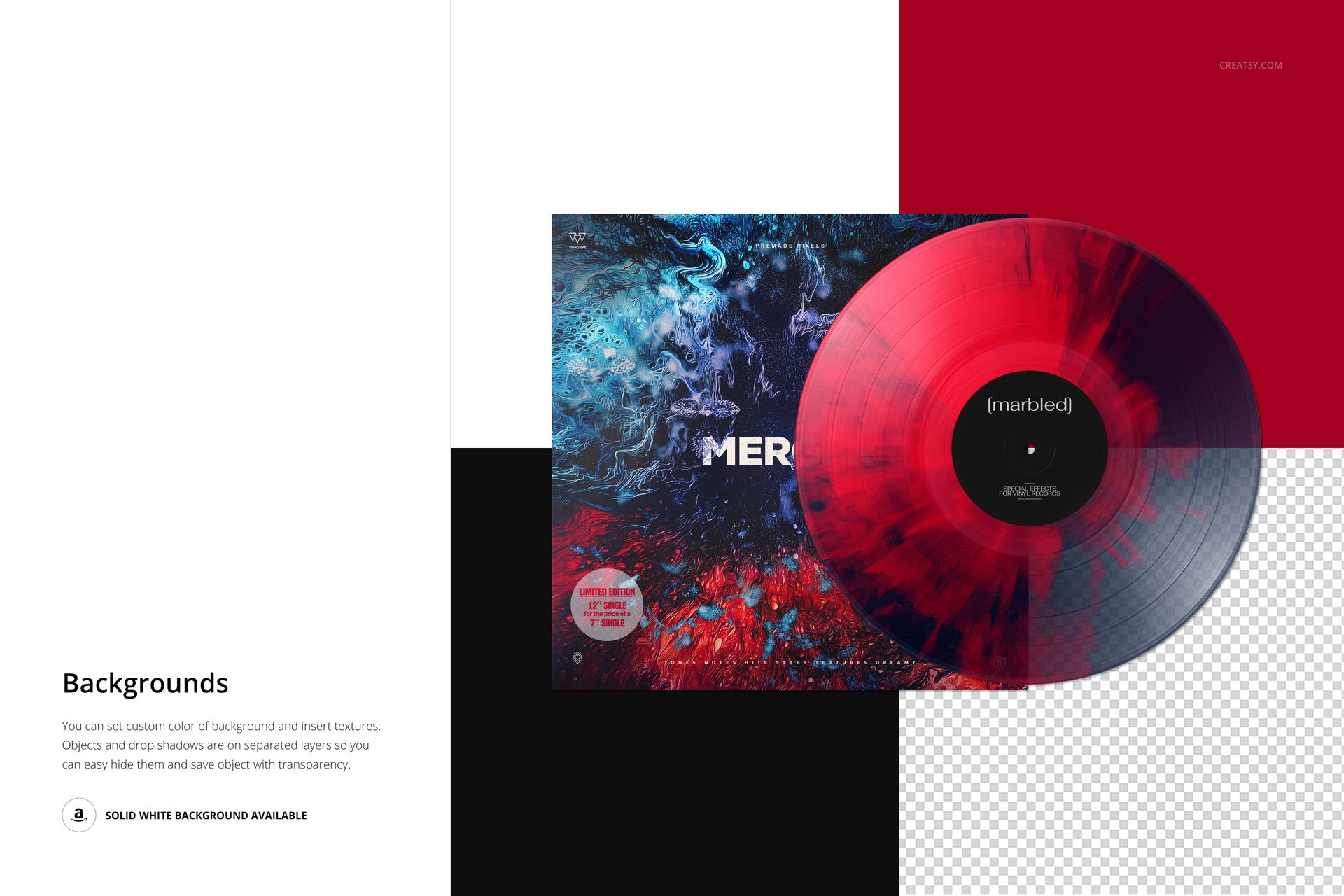 Front view of a marbled effect vinyl record in red and black tones beside its matching abstract cover, shown on a PSD mockup.