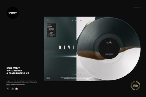 Front view of a split effect vinyl record and cover mockup, featuring a half black and half white design on a dark background.