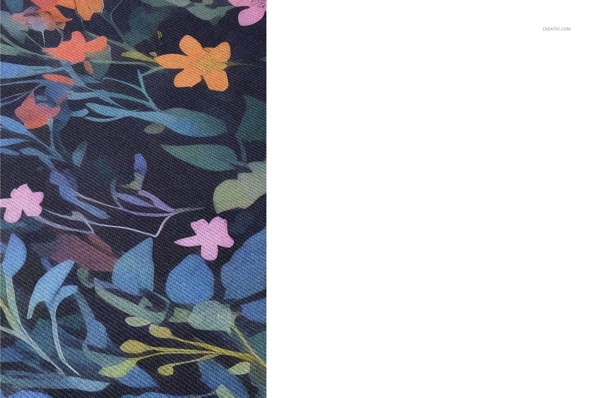 Close-up view of a woven scarf featuring a colorful floral pattern with orange, pink, and blue leaves on dark fabric.